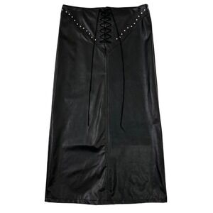 90s‎ Street Magic Faux Leather Maxi Skirt Studded Lace Up Black Size 9 / 30"